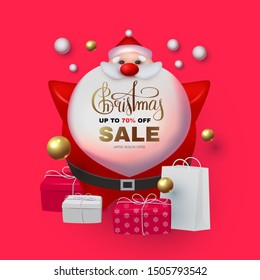 Christmas Sale! Holiday special offe with 3D elements: Santa Claus, gifts, snowflakes, lettering and balls.