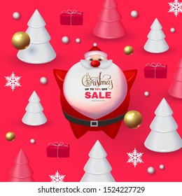 Christmas Sale! Holiday special offe with 3D elements: Santa Claus, fir trees, gifts, snowflakes, lettering and balls.