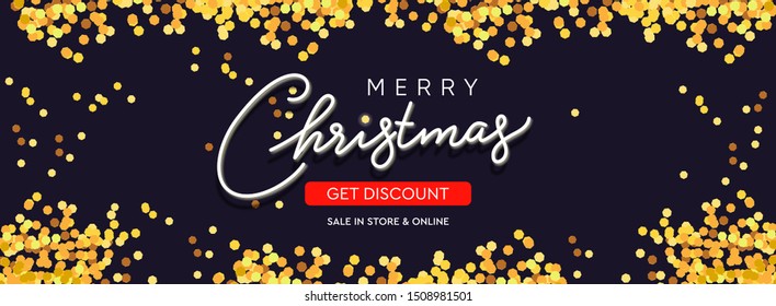 Christmas sale horizontal background with golden glitter. Christmas banner, poster, header for web site. Black Xmas backdrop. Merry Christmas and Happy New Year handwritten text calligraphy.