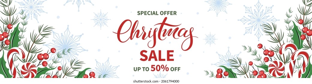 Christmas sale horizontal banner, background decorated with different winter plants, cookies and sweets background. Vector illustration