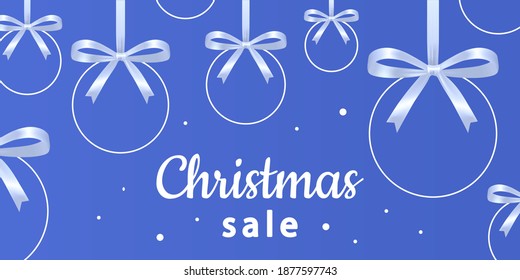 Christmas sale horizontal banner. Christmas balls with bows. Advertising background with empty circles and space for text. Winter holidays discounts, specials offers, and sales.