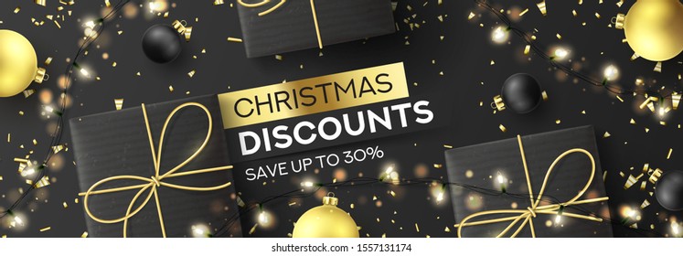 Christmas sale horizontal banner. Holiday background with realistic black gift boxes, sparkling light garlands, Christmas golden balls and golden confetti. Vector illustration. Seasonal discount.