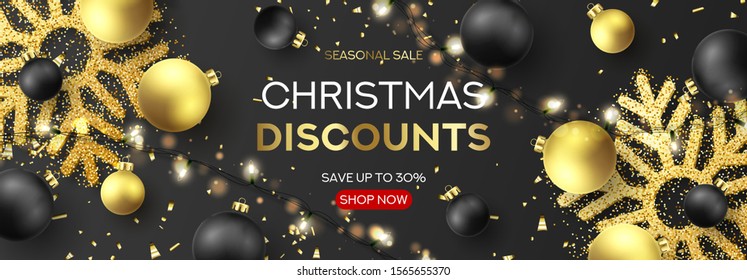 Christmas sale horizontal banner. Holiday background with sparkling light garlands, black and golden balls, confetti and snowflakes. Vector illustration. Seasonal discount promotion.