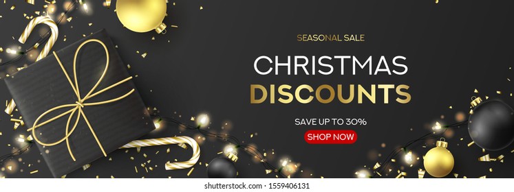 Christmas sale horizontal banner template. Holiday background with black gift box, light garlands, Christmas golden balls, confetti and candy canes. Vector illustration. Happy New Year poster.