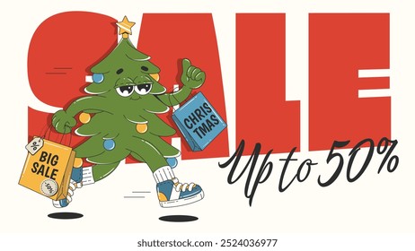 Christmas sale horizontal banner with text and cute Christmas tree character. Poster for advertisement, social media post, website. Cartoon style vector illustration.