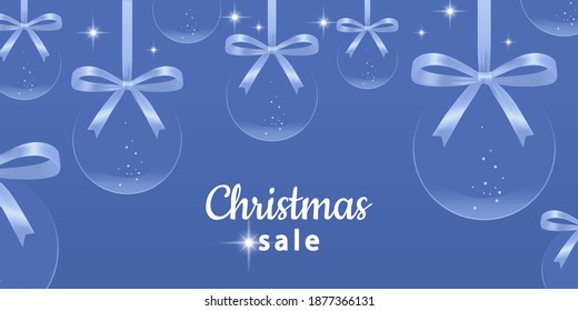 Christmas sale horizontal banner. Transparent Christmas balls with snow, and bows. Advertising background with new year decoration, and space for text. Winter holidays discounts, specials offers.