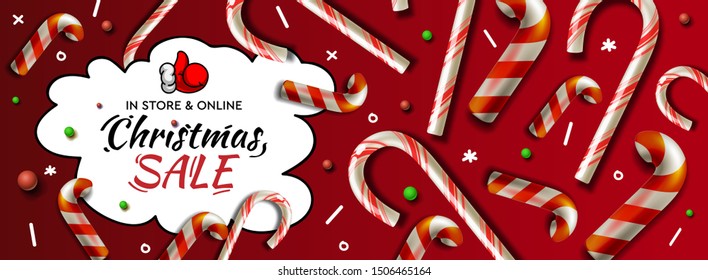 Christmas Sale horizontal banner, vector template with candy cane patterns for online holiday shopping