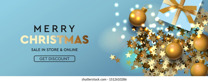 Christmas Sale horizontal banner. Xmas design of sparkling lights garland, with realistic gifts box, glitter gold confetti. Christmas poster, vector illustration