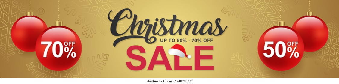 Christmas sale horizontal discount banner design template typography, santa’s hat, hanging stars and red balls decoration for flyers, poster, web and card vector illustration