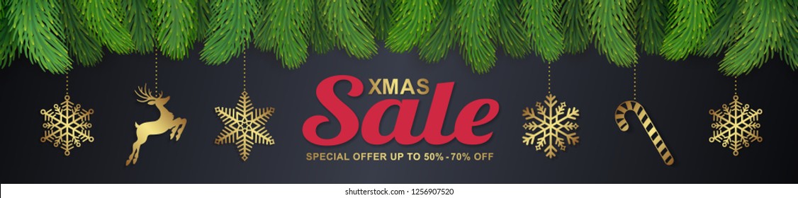 Christmas sale horizontal discount banner design template typography, christmas tree, hanging stars, balls and ribbon decoration for flyers, poster, web and card vector illustration