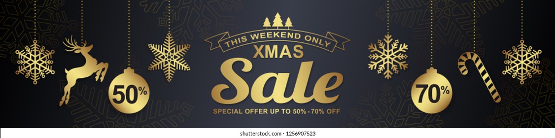 Christmas sale horizontal discount banner design template typography, christmas tree, hanging stars, balls and ribbon decoration for flyers, poster, web and card vector illustration