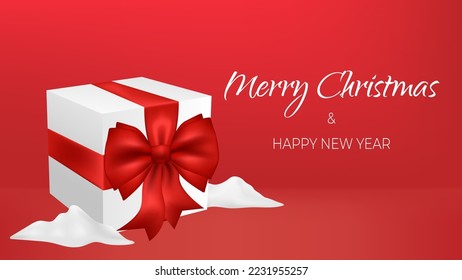 Christmas sale horizontal discount banner design template. Winter season. Scene Merry Christmas and happy new year background with snow. Gift voucher. Red backdrop. Big present with festive bow.