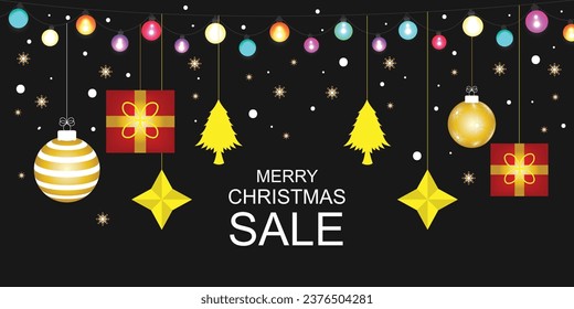 Christmas sale horizontal discount banner design template typography, Christmas tree, hanging stars, balls and giftbox decoration