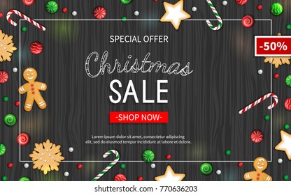 Christmas sale horizontal flyer template. Poster, card, label, background, banner on frame with sweets on a wooden black table. Special seasonal offer.  Vector illustration. Top view