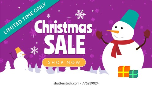 Christmas Sale horizontal social media banner. Snowman, snowflakes, limited time only
