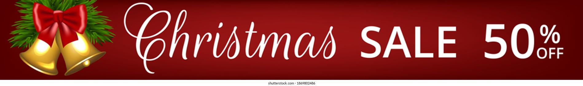 Christmas sale. Horizontal web banner with Christmas bells, red bow and fir tree branches