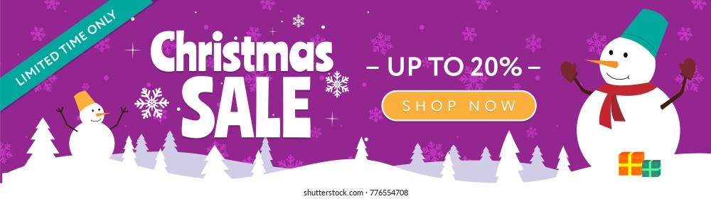 Christmas Sale horizontal web media banner. Snowman, snowflakes, limited time only