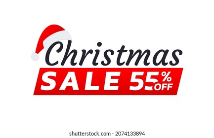 Christmas sale icon, label or banner. Xmas discount promotion poster or card template with Santa cap. 55 percent price off sticker design. Vector illustration.