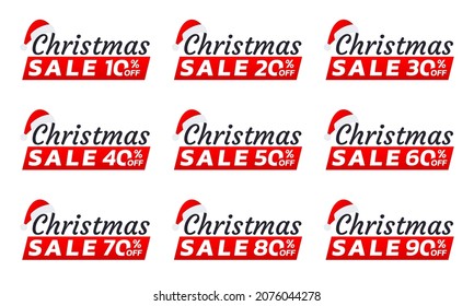 Christmas sale icon, label or banner set. Xmas discount promotion poster or card template with Santa cap. 10, 20, 30, 40, 50, 60, 70, 80, 90 percent price off sticker design. Vector illustration.