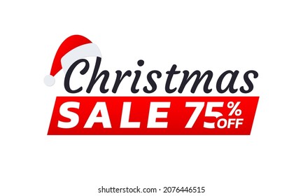Christmas sale icon, label or banner. Xmas discount promotion poster or card template with Santa cap. 75 percent price off sticker design. Vector illustration.