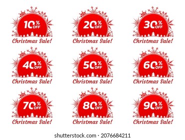 Christmas sale icon, label or banner set. Xmas discount promotion poster or card template with snowflakes. 10,20,30,40,50,60,70,80,90 percent price off. Vector illustration.