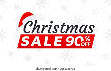 Christmas sale icon, label or banner. Xmas discount promotion poster or card template with Santa cap. 90 percent price off sticker design. Vector illustration.