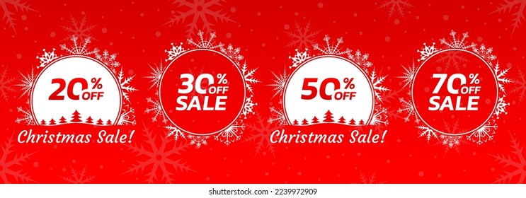 Christmas sale icon, label or banner. Xmas discount promotion poster or card template with snowflakes. 20, 30, 50, 70 percent price off. Vector illustration.