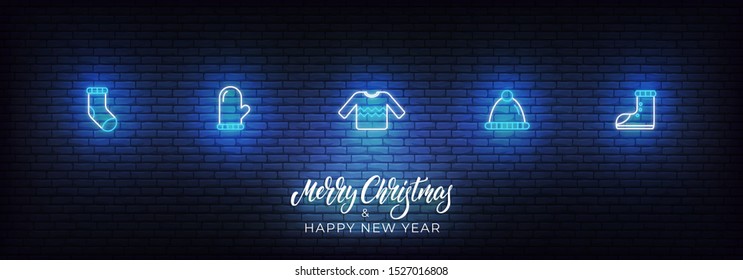 Christmas sale icons banner. Xmas and New Year sale background with glowing neon icons and lettering sign.