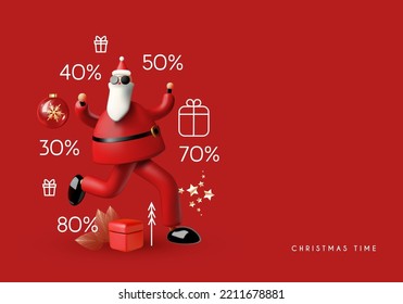 Christmas sale illustration with Santa Claus character and prices.