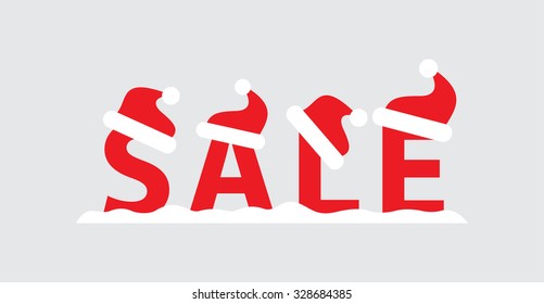 Christmas sale. Illustration with snow and red Santa Claus hats.