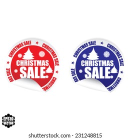 Christmas Sale inscription with snowflakes, snowfall and christmas tree on label and sticker, vector. 