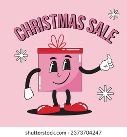 Christmas sale Instagram post with vector illustration, Xmas social media design, trendy cartoon style, retro snowflake, retro mascot vintage gift box