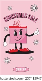 Christmas sale Instagram stories with vector illustration, Xmas social media design, trendy cartoon style, retro snowflake, retro mascot vintage gift box