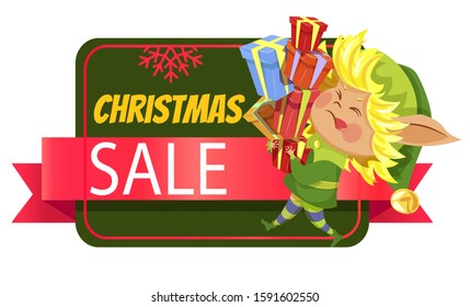 Christmas sale isolated icon, elf carrying gift boxes pile, Xmas presents. Santa helper working hard, winter holiday discount or price off. Shopping special offer, magic dwarf vector illustration