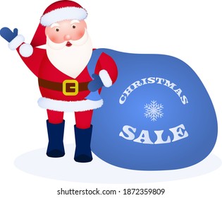 Christmas sale. An isolated image of Santa Claus in a red suit with a blue bag with gifts. You can use it on any background. For Christmas cards, banners, tags and labels.