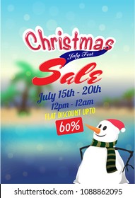 Christmas sale in July, poster, banner or flyer design with snowman, and upto 60% off offers.