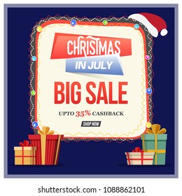 Christmas sale in July, poster, banner or flyer design with gift boxes and upto 35% cash back offers.