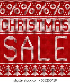 Christmas Sale, knitting pattern with a Christmas trees and percentage signs. Knitted holiday design