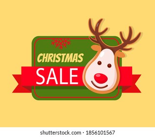 Christmas sale label card, gingerbread deer head on New Year discount. Postcard with reindeer sweet character with horns, isolated vector voucher on clearance