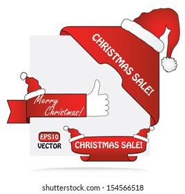 Christmas sale label and corner ribbon with hand and santa hat. Abstract red label set for Christmas. Isolated easy to edit vector set.