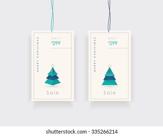 Christmas sale label design set in minimalistic contemporary style with christmas pine tree icon illustrations.