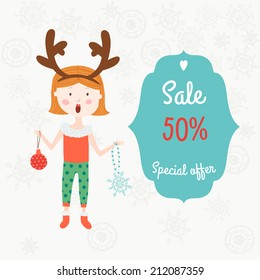 Christmas sale label with girl