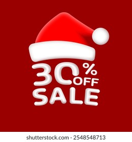 Christmas Sale label or icon. 30% price off with Santa hat. Xmas discount, banner badge or price tag for promo design. Vector illustration.