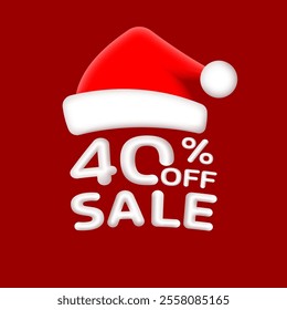 Christmas Sale label or icon. 40% price off with Santa hat. Xmas discount, banner badge or price tag for promo design. Vector illustration.