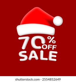 Christmas Sale label or icon. 70% price off with Santa hat. Xmas discount, banner badge or price tag for promo design. Vector illustration.