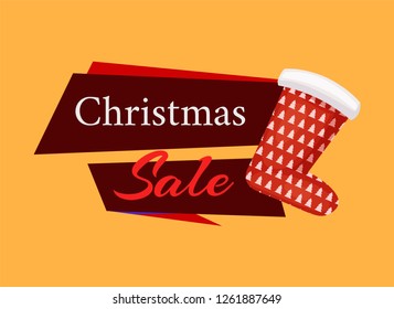 Christmas sale label and red Santa stocking isolated vector. Sock with pine trees for gifts, total discounts and best prices advertising tag with Xmas symbol