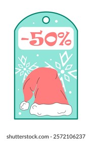 Christmas sale label. Santa claus hat. Discounts and promotions, special limited offer. Advertising and marketing. Winter holidays sale. Flat vector illustration isolated on white background