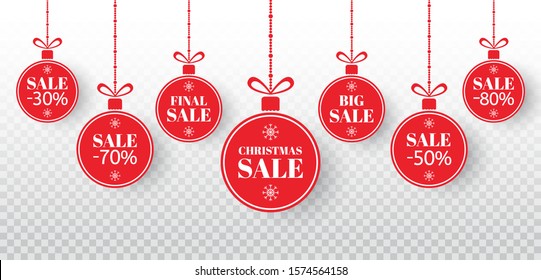 Christmas sale label set. Red xmas balls with sign special offer, final, big sale. Merry Christmas and New Year paper tags sale. Holiday discount, shopping promotion. Vector illustration.