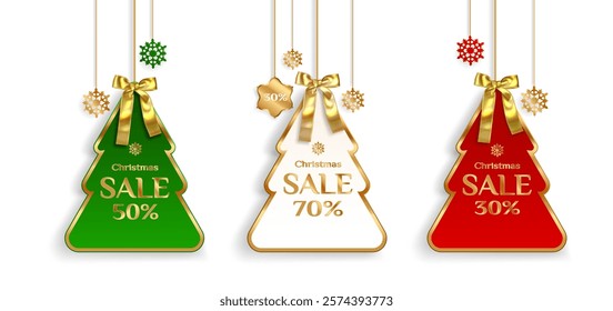 Christmas sale labels set isolated on white background. Vector realistic illustration of x-mas tree price discount tags, hanging stickers decorated with golden ribbon bow, holiday shopping promo