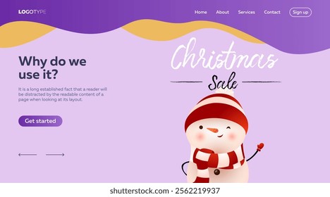 Christmas Sale landing page design with snowman. Cartoon snowman in hat and scarf winking and waving hand. Vector illustration can be used for sales, online shops, special offer